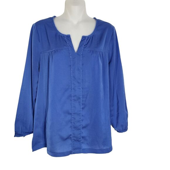 J Crew Womens Top Small Peasant Blouse Mini Pom Pom Trim Royal Blue 3/4 Sleeve - Picture 1 of 13